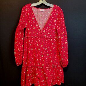 Wrangler X Billabong Dress Short Red Large Ruffle Deep V Neck Long Sleeve